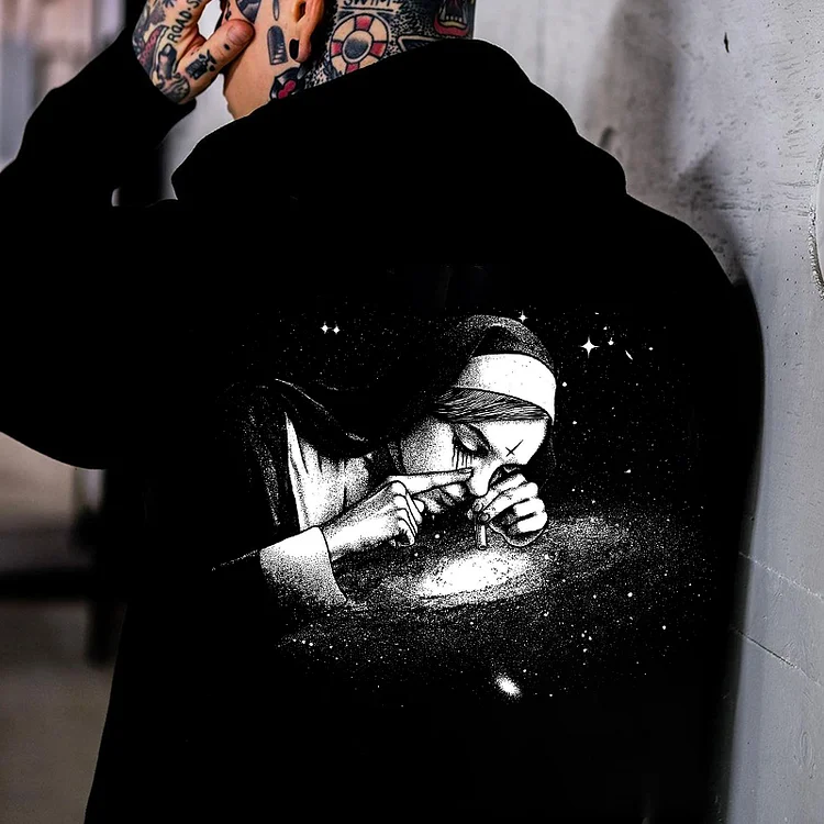 Nun Smoking Dark Style Black Print Hoodie