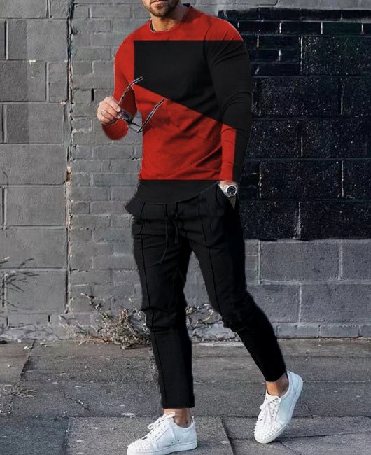 Geo Color-block Long Sleeve Casual Shirt & Pants Set