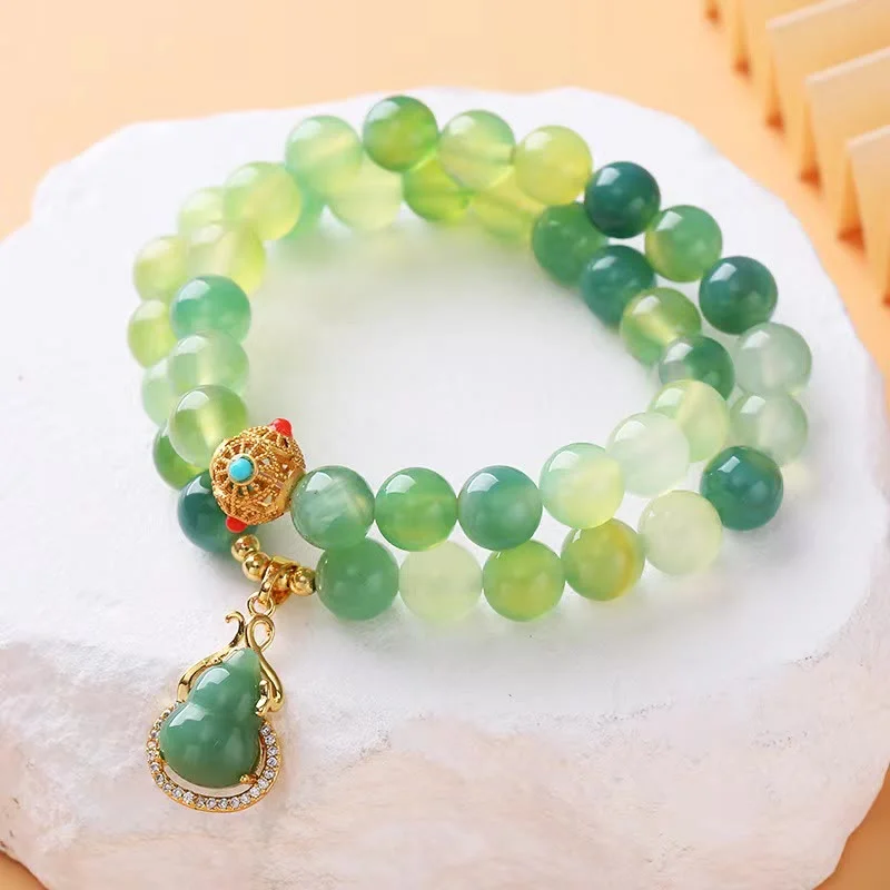 Green Grape Agate Crystal Meditation Gourd Charm Wrap Bracelet