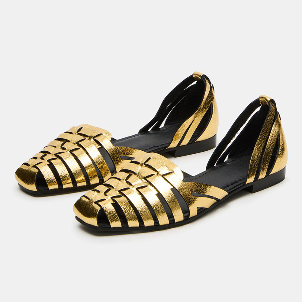 Women's Metallic Vegan Leather Hollow-Out Closed Toe Flat Gold Sandals Nicepairs