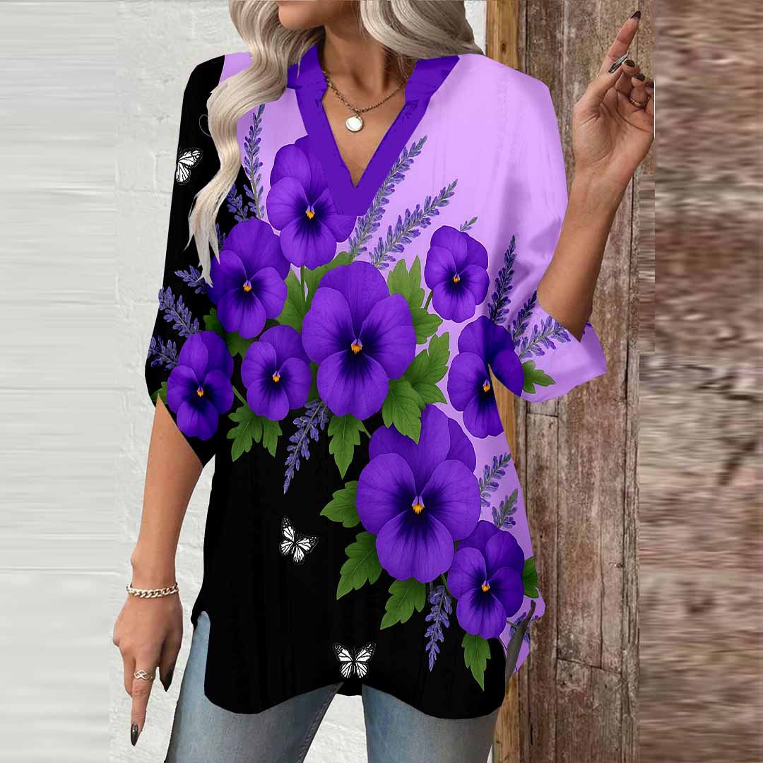 Women Floral,Purple,Green DZGA0779 3/4 Sleeve V-neck Printed Graphic Button Tops