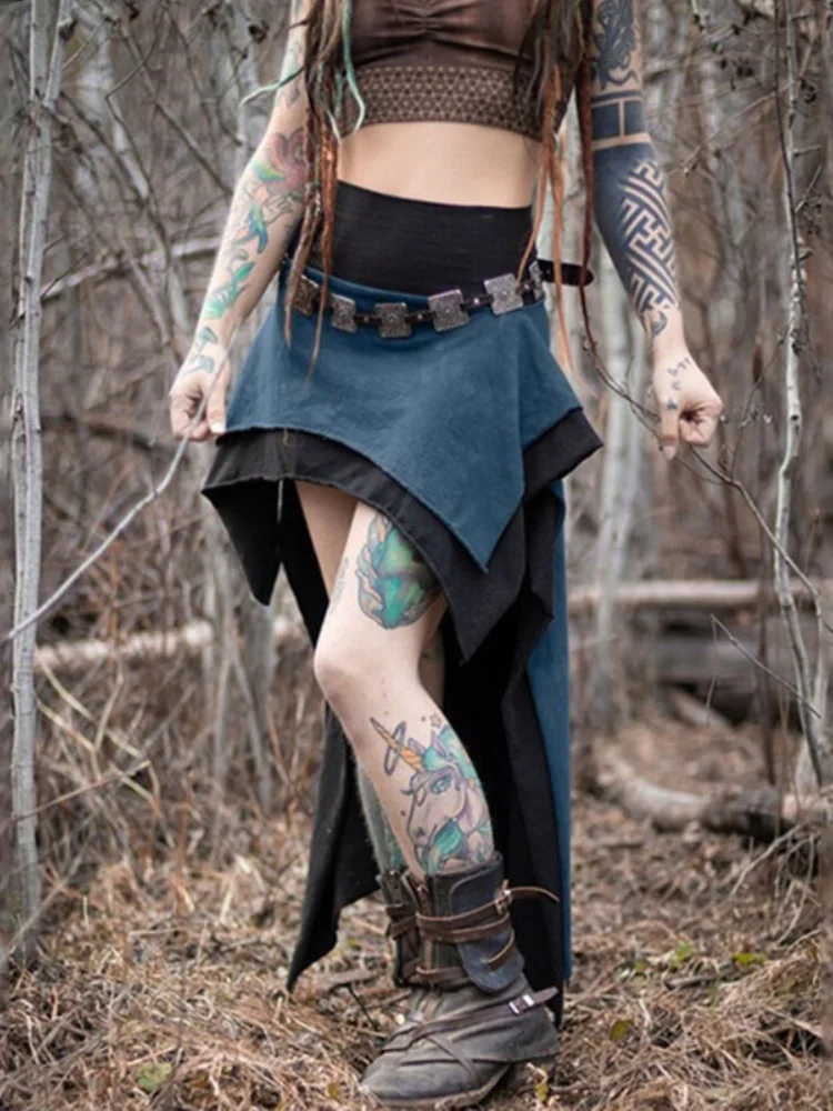 Steampunk High Waist Stitched Double Skirt Medieval Retro Elf Skirt