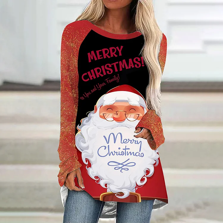 Wearshes Christmas Santa Letter  Printed Round Neck Long Sleeve T-Shirt