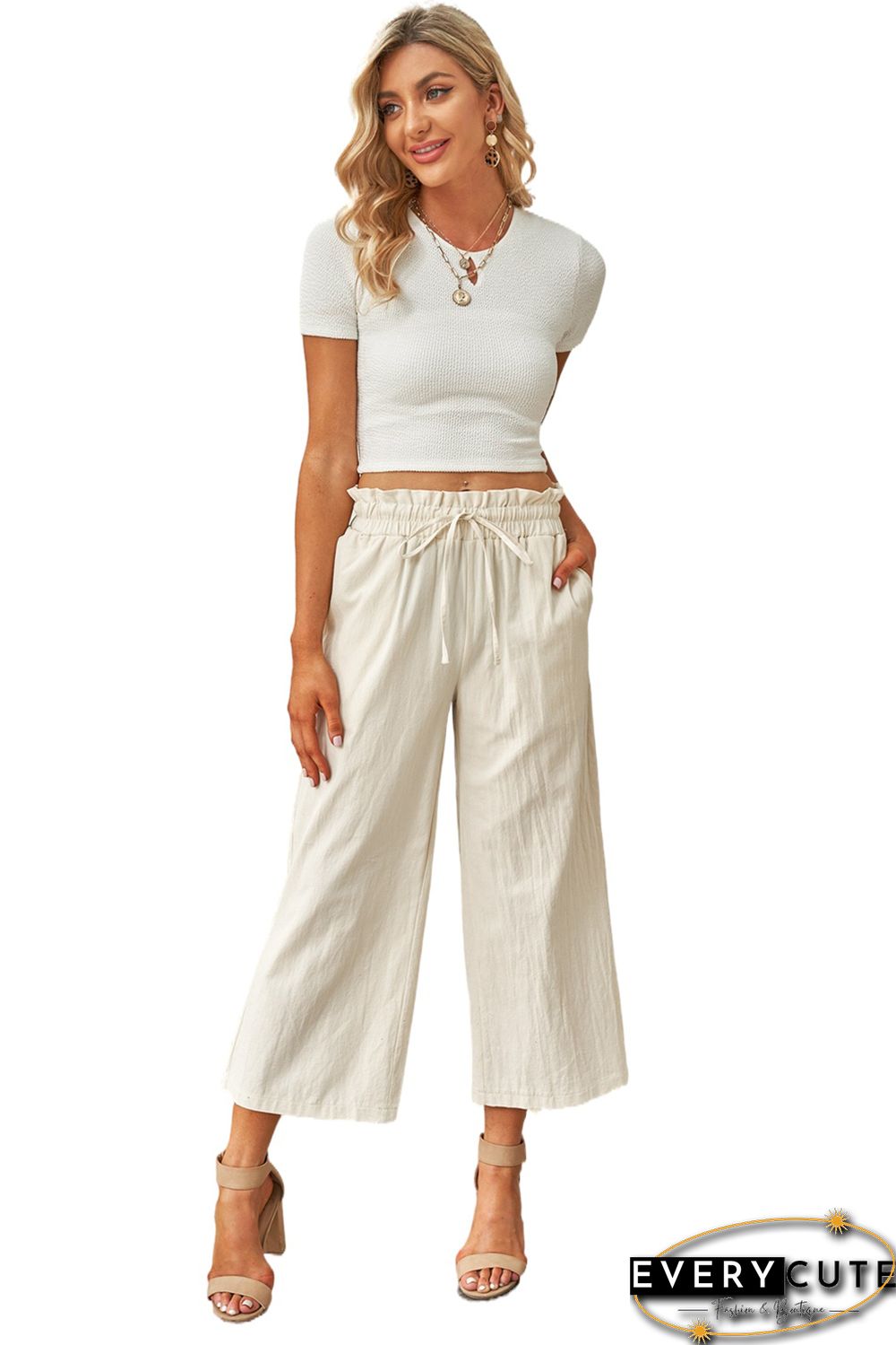 Khaki Paperbag Waist Straight Leg Cropped Pants