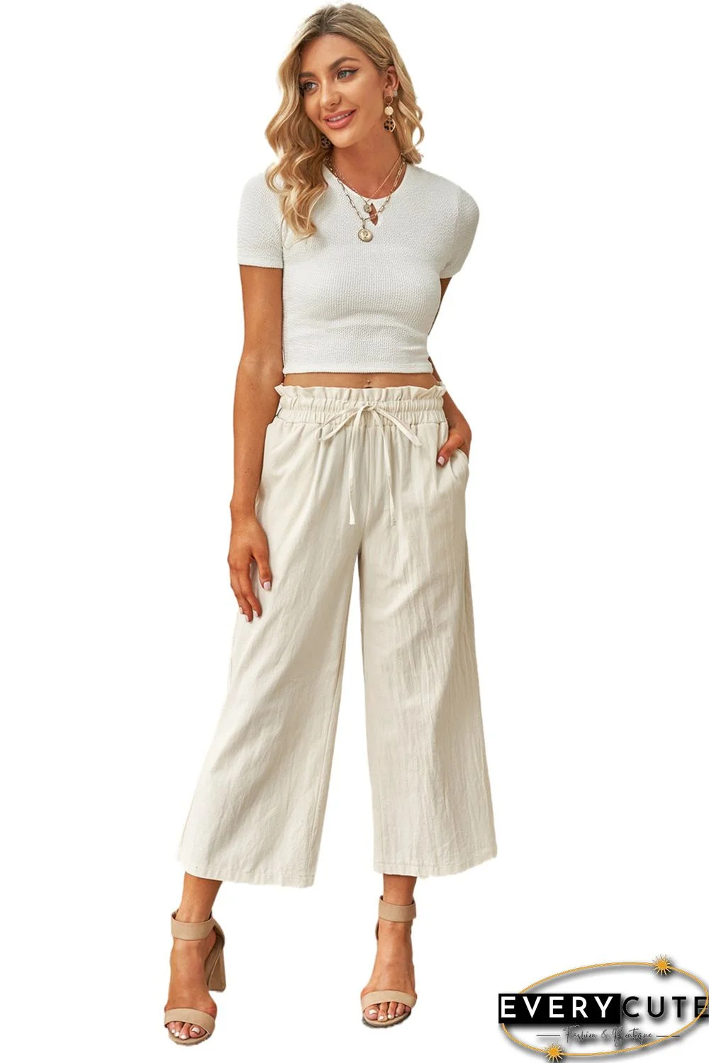 Khaki Paperbag Waist Straight Leg Cropped Pants