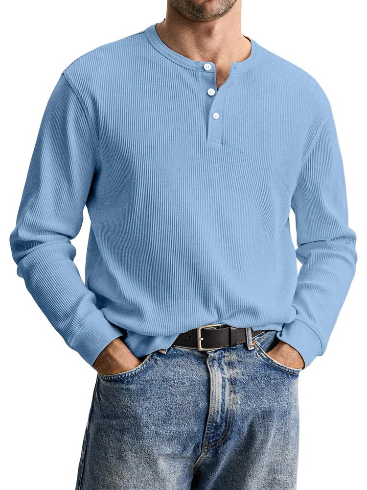 Men's Daily Solid Color Pit Long Sleeve Henley Shirt