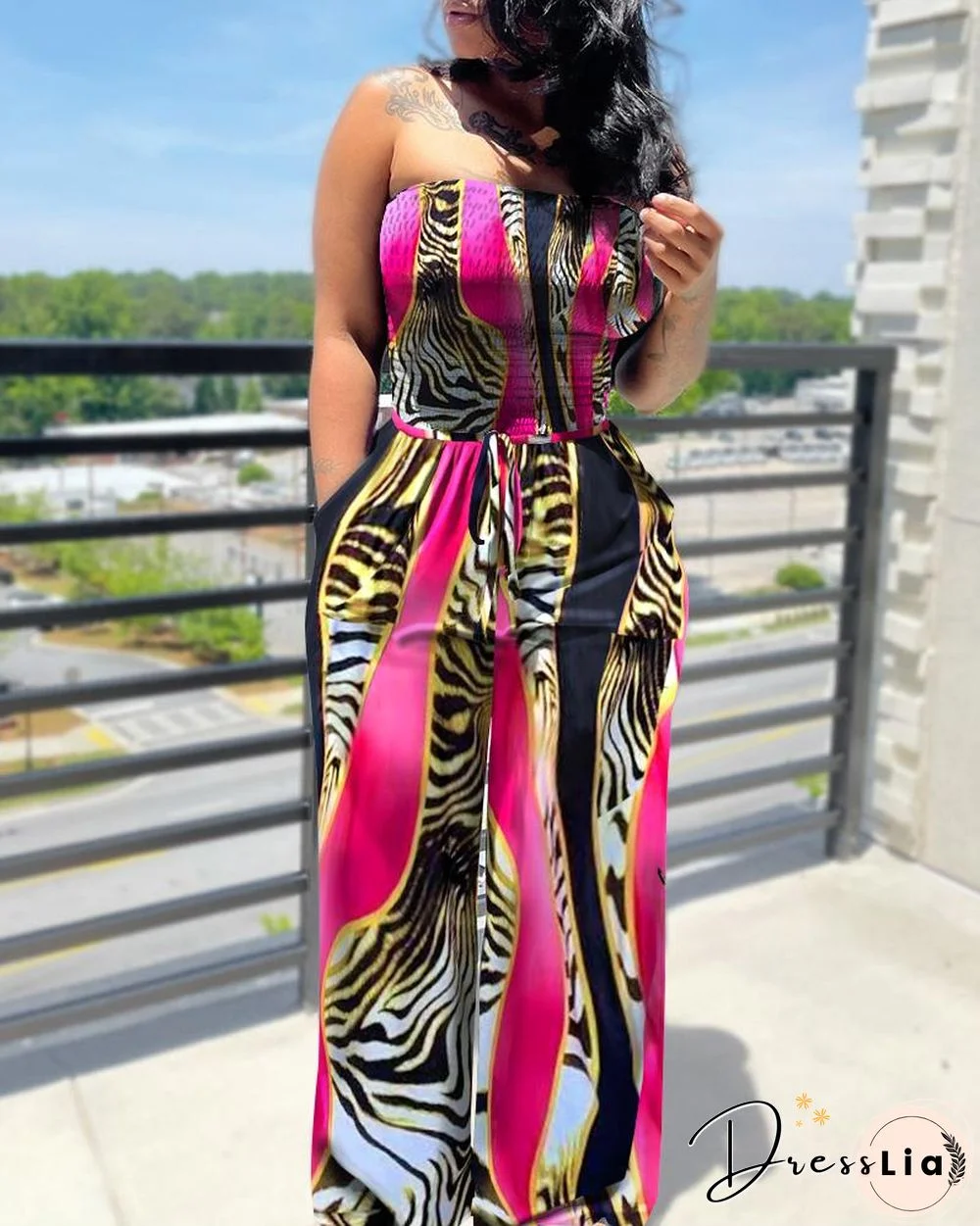 Animal Print Drawstring Waist Shirred Bodice Wide Leg Jumpsuit