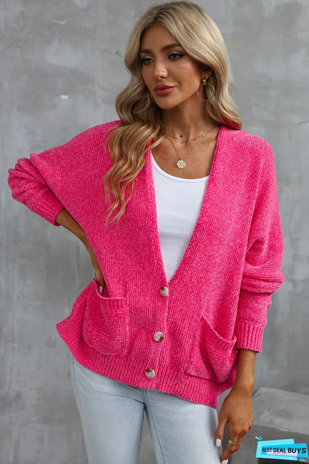 Rose Buttons Front Pocketed Sweater Cardigan