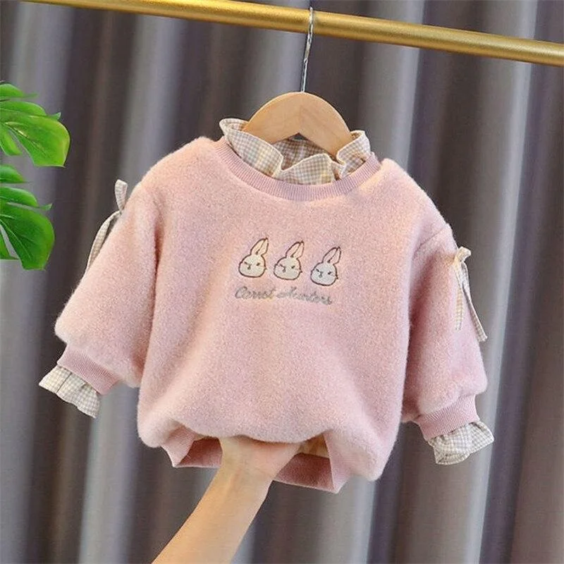 2021 Spring Winter Girl Casual Sweater Children's Knitted Woolen  Kids Cute Bunny Warm Thicken Bowknot Long Sleeve Plus Velvet