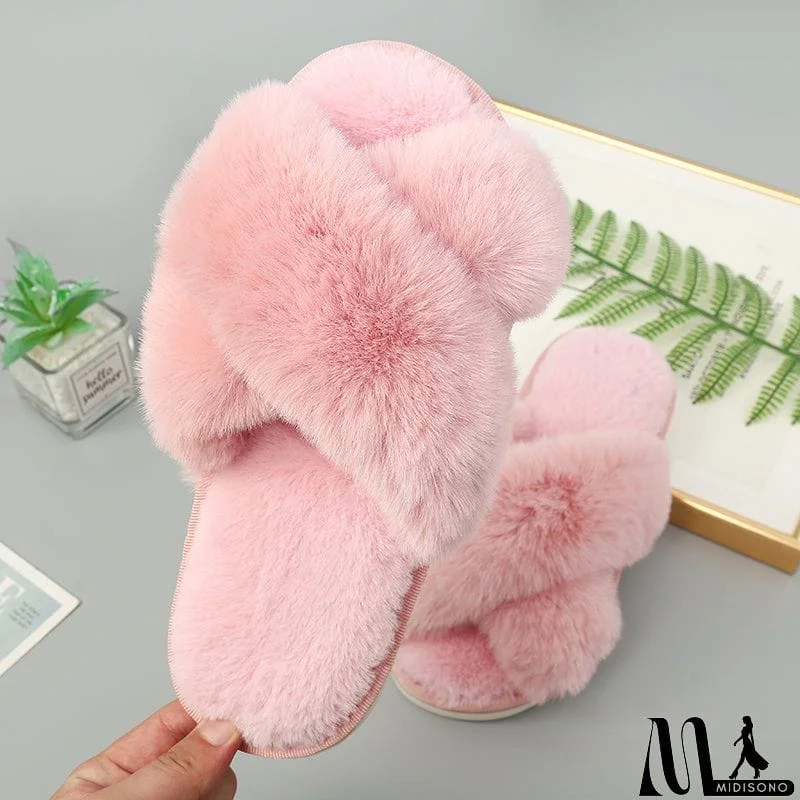 MidiSono - Faux Fur Crisscross Strap Slippers