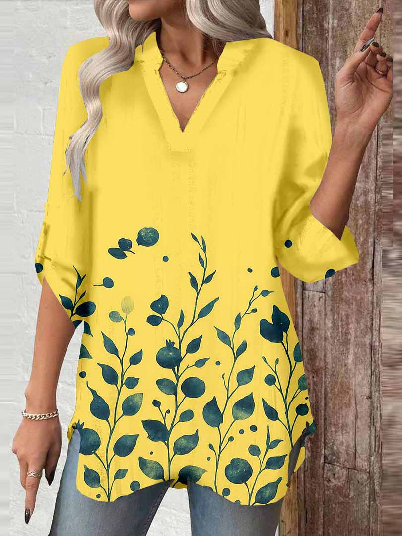 Women Floral,Yellow DZGA0010 3/4 Sleeve V-neck Printed Graphic Button Tops