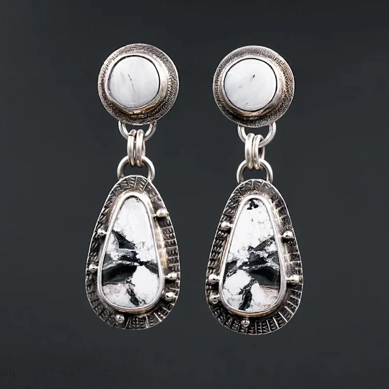 Vintage Round Silver Color Inlaid White Stone Earrings Bohemian Hand-Carved Paste Dump Ear Dangle Earring