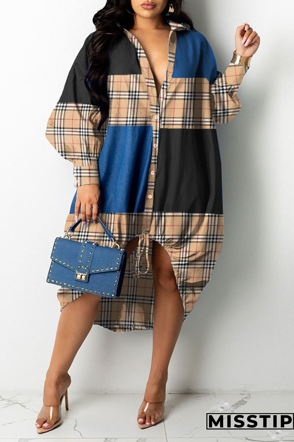 Brown Casual Print Patchwork Draw String Buckle Turndown Collar Shirt Dress Dresses