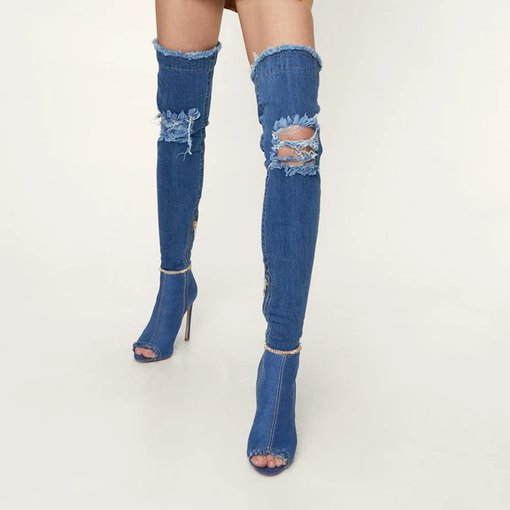 Blue Open Toe Thigh Boots Ripped Denim Stiletto Heel Boots Nicepairs