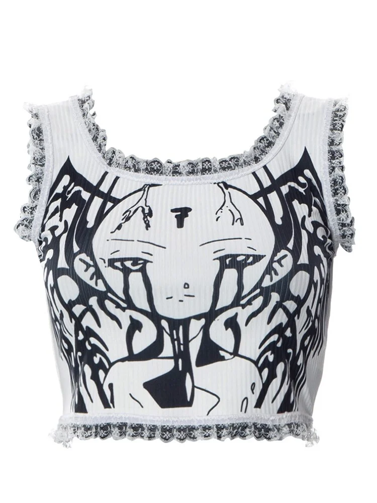 Jangj Goth Graphics Lace Crop Tops Women Fairy TshirtGrunge Vest  E Girls Caims Y2K Tee Dark Anime Sleeveless Tank Top Cyber Camisole