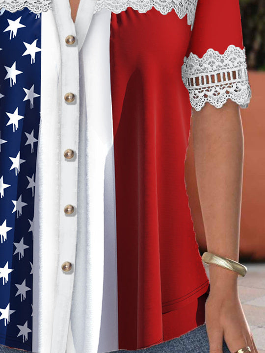 Women's Short Sleeve V-neck Lace Stitching Hollow Graphic Top