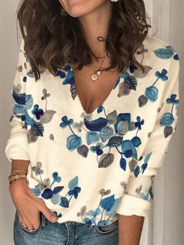 Floral Regular Fit V Neck Casual T-Shirt