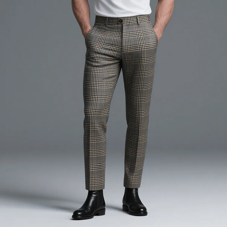 Okaywear Mid Rise Slant Pocket Plaid Suit Pants 