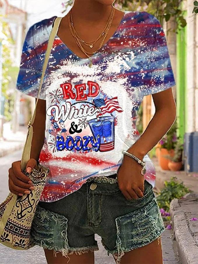 Women's Independence Day Red White And Boozy Flag Print Tie Dye V-Neck T-Shirt socialshop