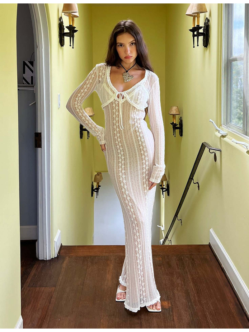 Ootddress Female Elegant Hollow Out Maxi Dress V-Neck Long Sleeve Split Party Dress Evening Tiered Fashion Summer Halter Dress 2025