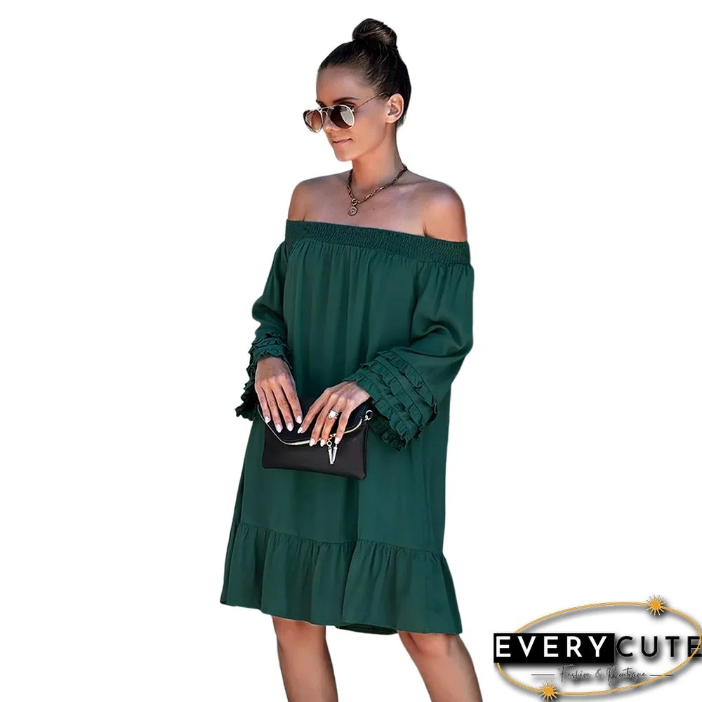 Green Off Shoulder Long Sleeve Swing Mini Dress