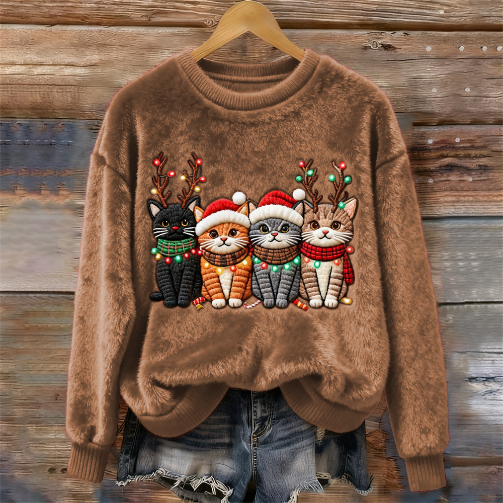 Christmas Lights Cat Women's Cozy Plush Sweater wearshes