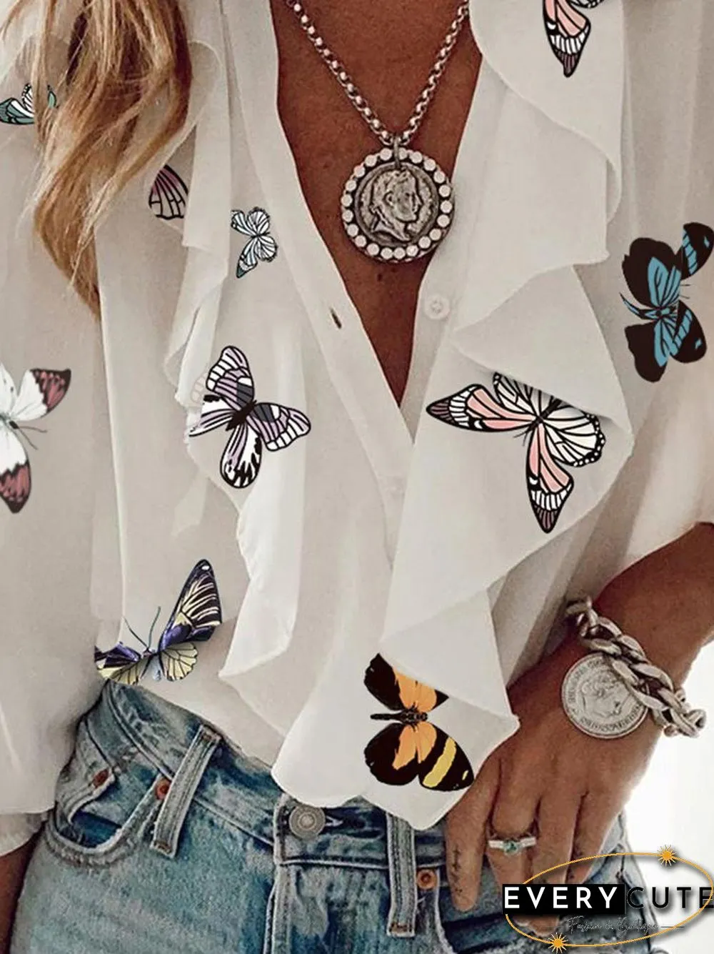 Women'S Blouses V-Neck Ruffle Long Sleeve Chiffon Blouse