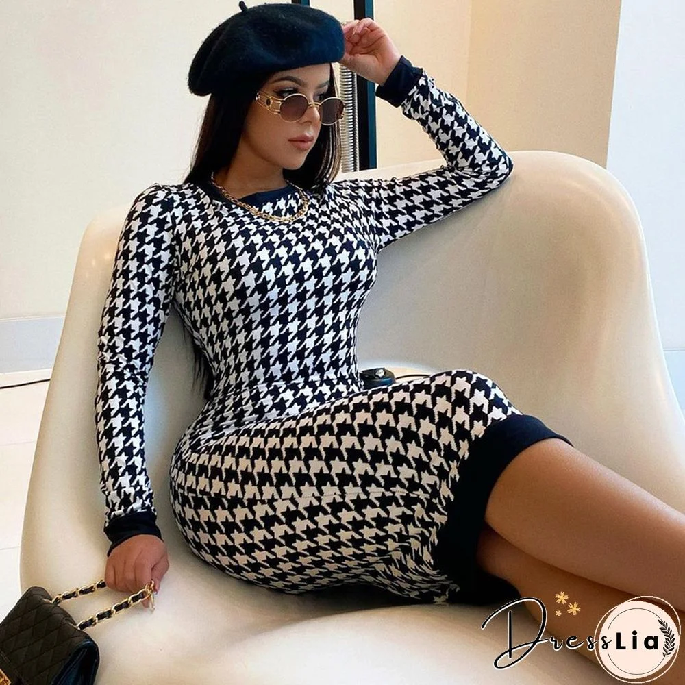 Houndstooth Print Women Long Sleeve Midi Dress Hollow Out Bodycon Sexy Streetwear Autumn Winter Club Elegant Slim