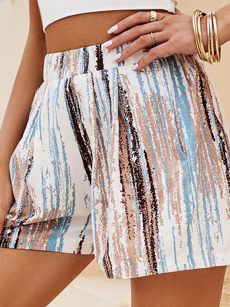 Multicolor Stripe Print Pocket Elastic High Waist Striaght Leg Shorts - Shop Trendy Women's Clothing | LoverChic
