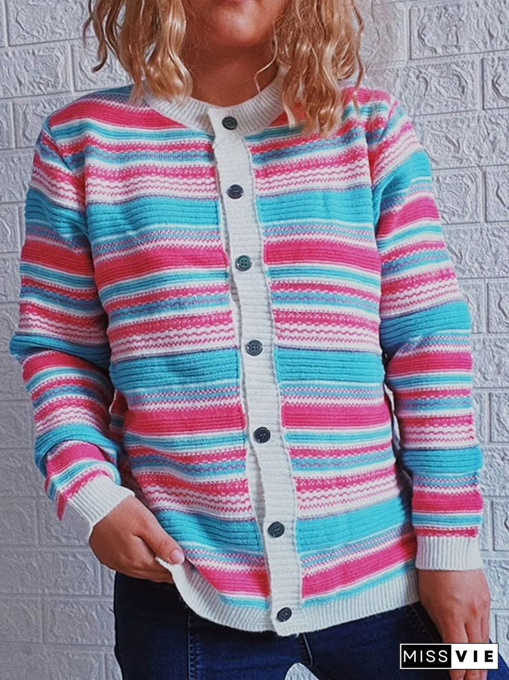 Women's Fashion Colorful Striped Button Cardigan Sweaters