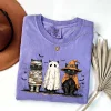 Unisex Retro Comfort Colors Halloween Ghost Cat Printed Short Sleeve T-Shirt
