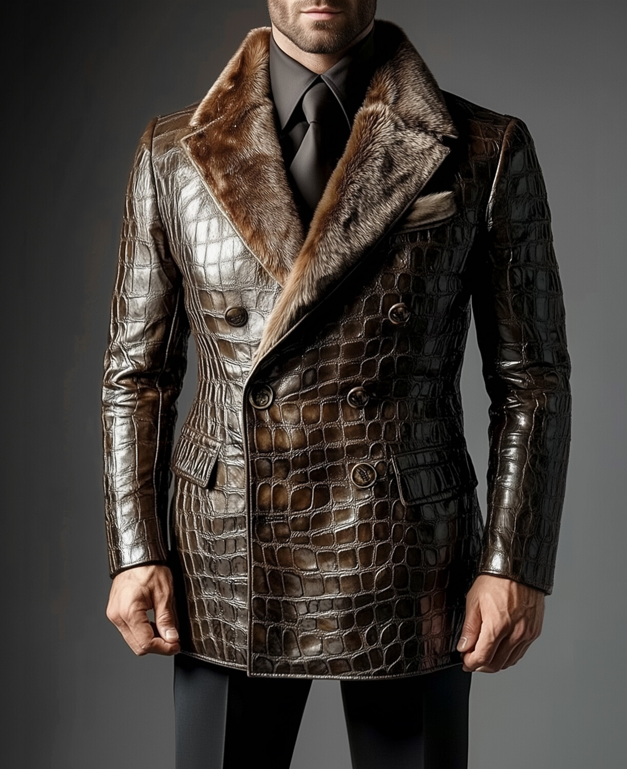 Okaywear PU Leather Alligator Pattern Plush Lapel Double Breasted Blazer