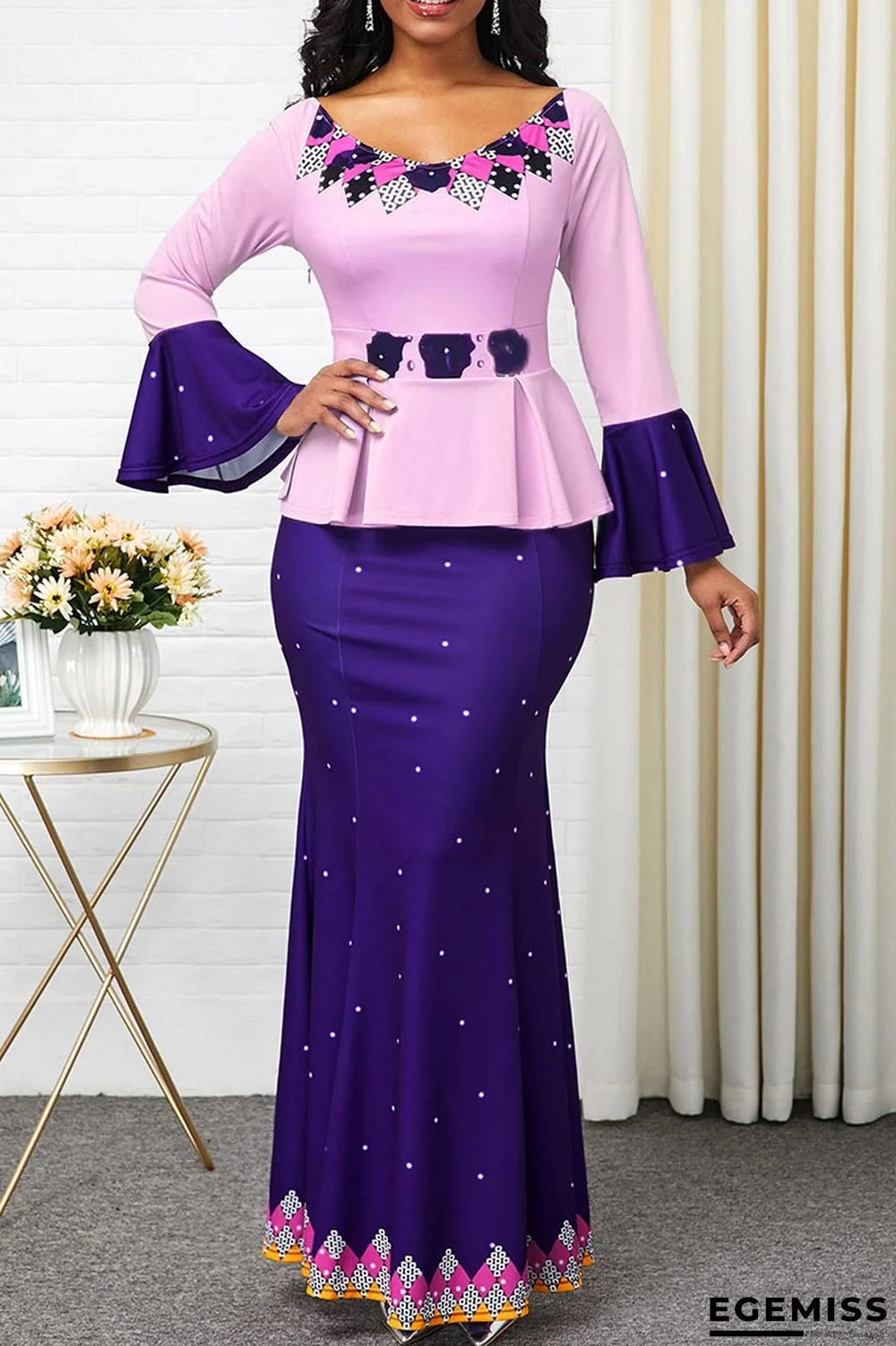 Purple Casual Elegant Print Patchwork Off the Shoulder Straight Dresses | EGEMISS