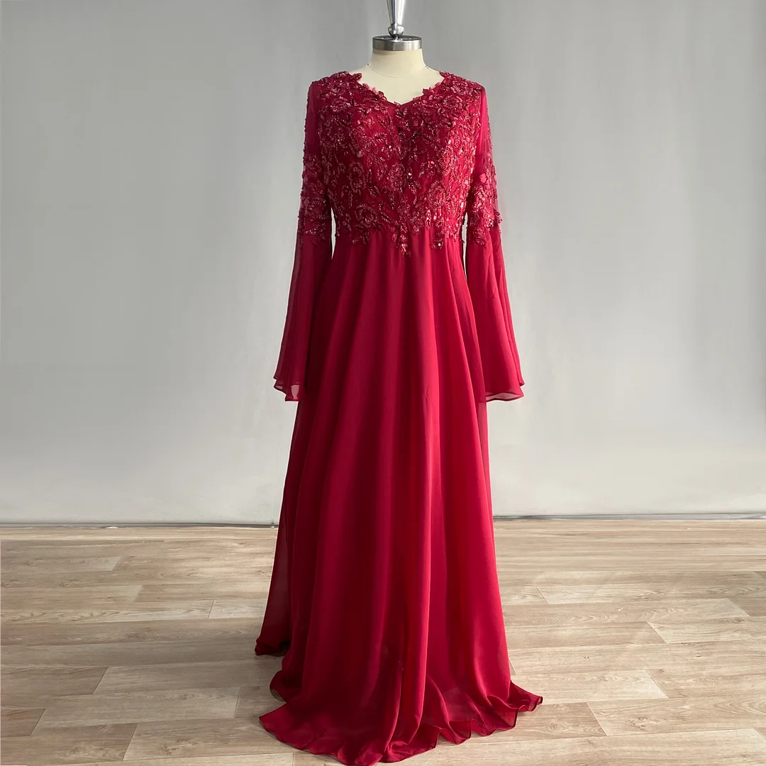 Actual Photos Red Chiffon Beaded Lace Sequins Prom Gown 2023 Floral A-Line Flare Sleeves Backless Evening Dress
