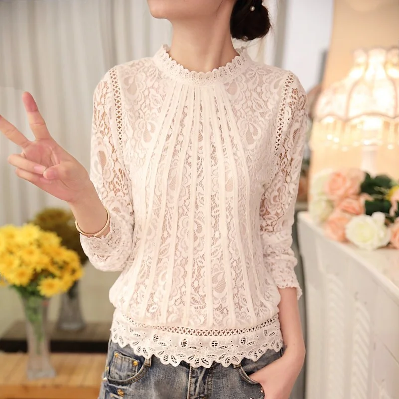 2021 New Spring Lace Shirts Long Sleeve White Women Blouse Chiffon Shirts Tops for Women Summer Sexy White Top Female 51C