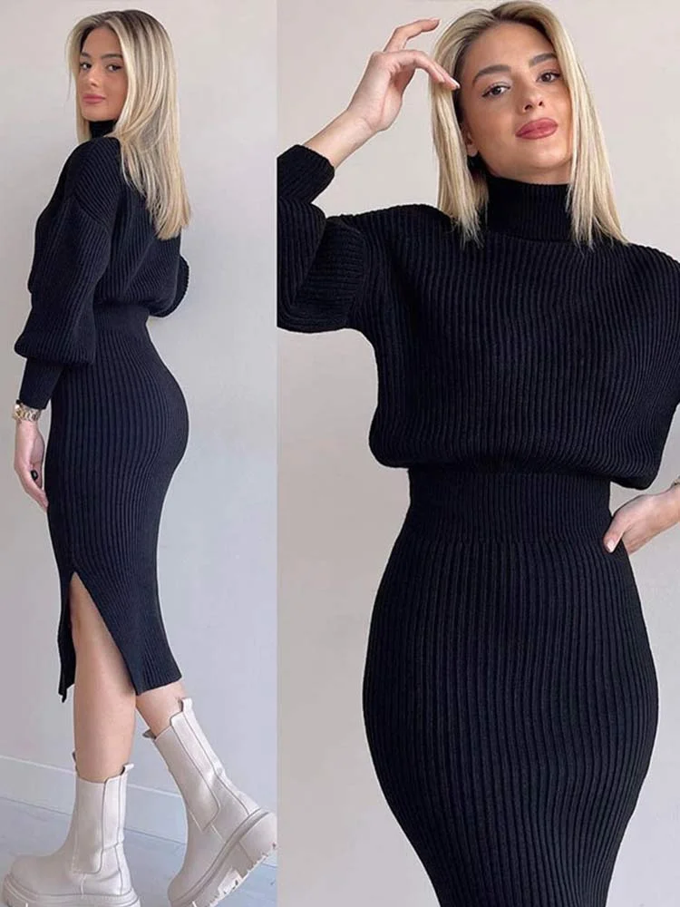 Toloer Toloer Elegant Knitted Dress 2 Pieces Set Long Sleeve Cropped Sweater And Slit Dress Suits Female Sexy Soft Pullover Outfits 1127-1-Outfit Ideas