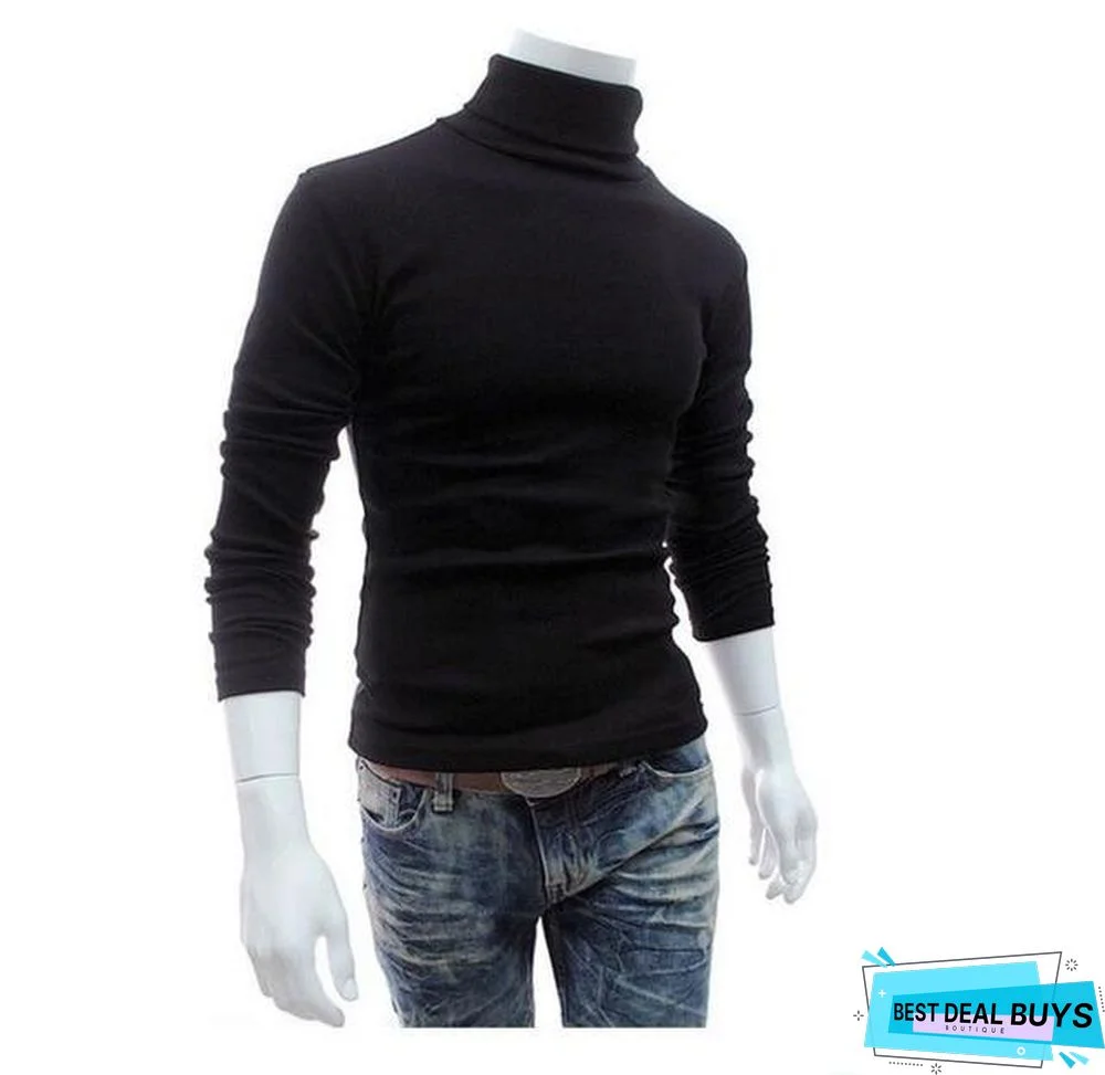 Men's Sweater Men's Turtleneck Solid Color Casual Sweater Men's Slim Fit Brand Knitted Pullovers