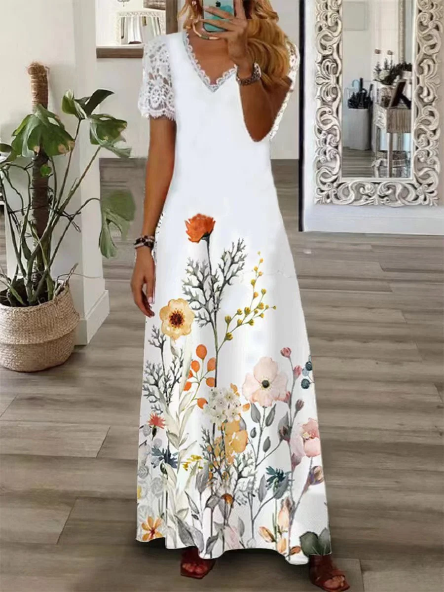 Women's Summer Lace Short Sleeve V-neck Floral Print Casual Dress