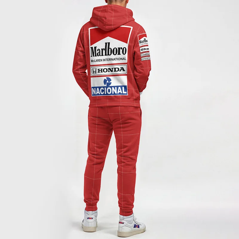 Men's Loose Casual Racing Print Hooded Sweatshirt Suit