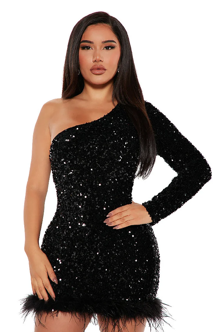 One Shoulder Long Sleeve Bodycon Sequin Feather Hem Birthday Party Mini Dresses