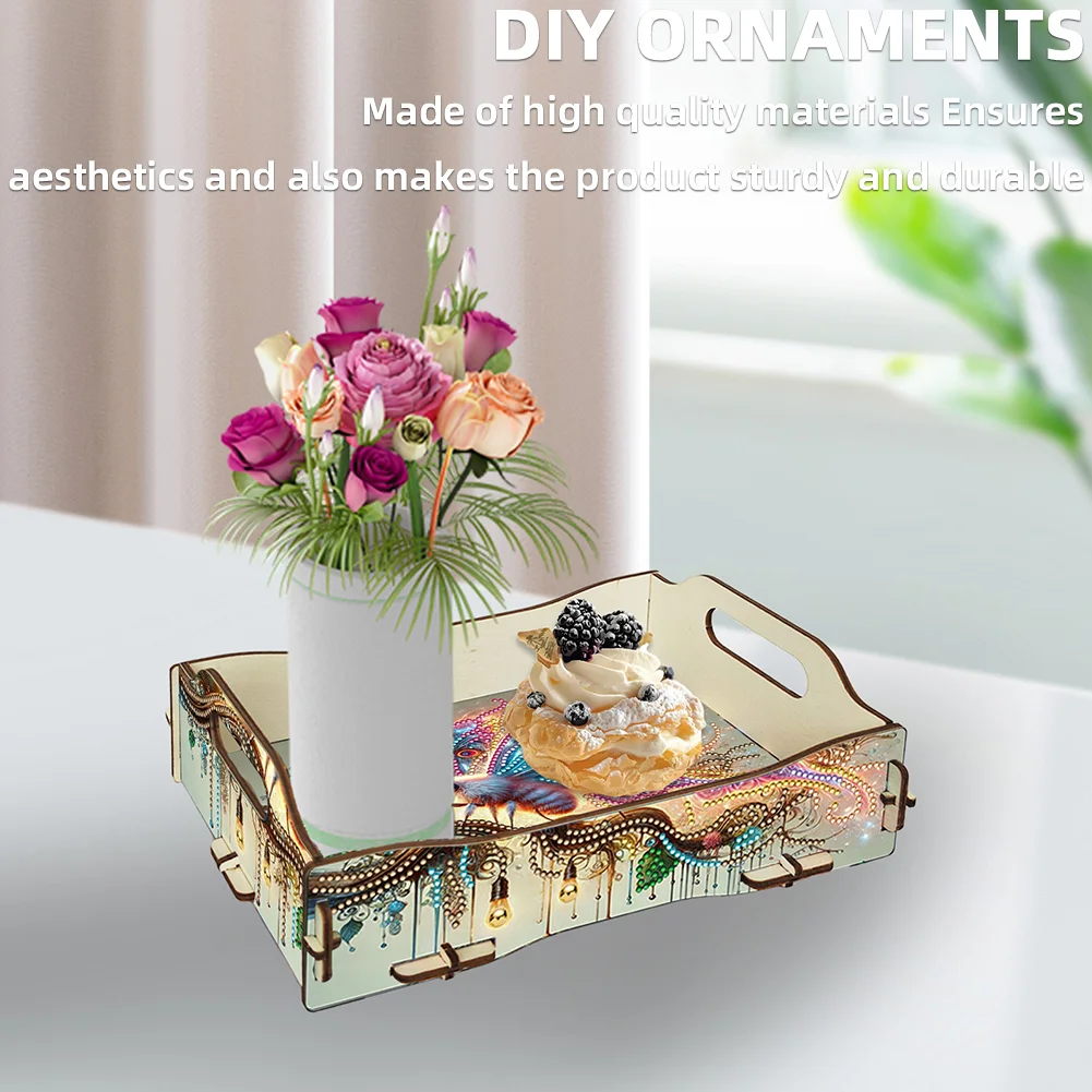 5D DIY Insect Diamond Painting Wooden Serving Tray with Handle for Coffee Table