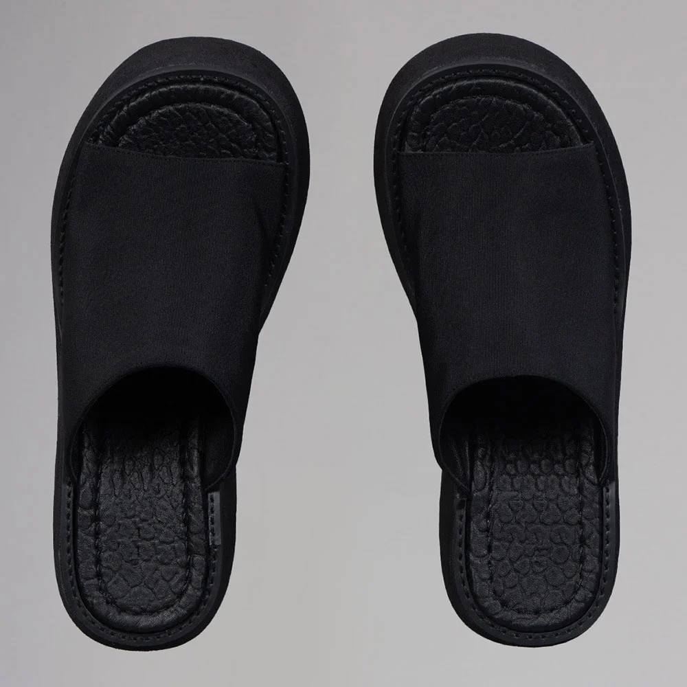 Fabric Peep Toe Wide Strap Wedge Heel Black Platform Mules Sandals