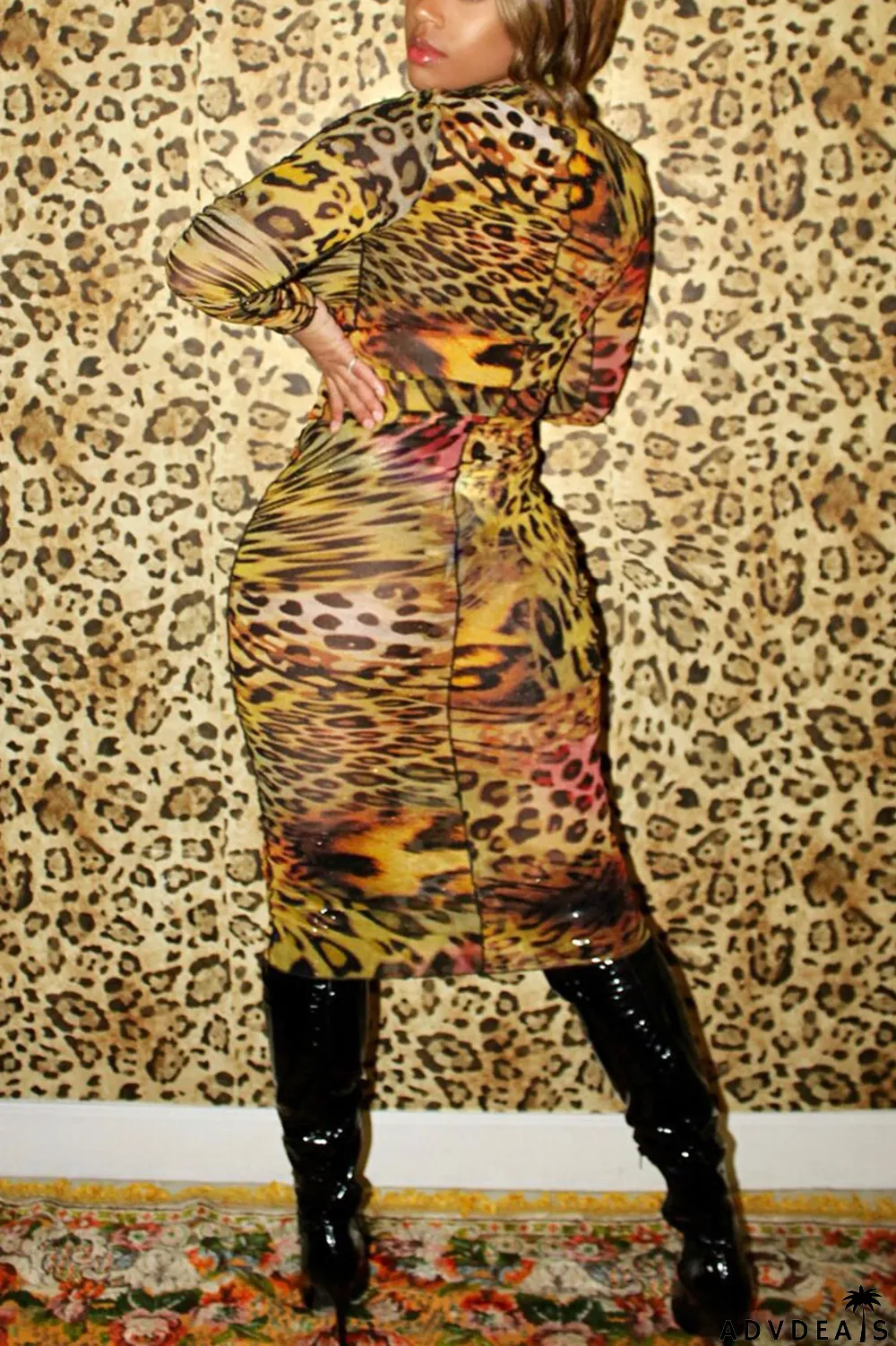 Yellow Sexy Casual Elegant Polyester Spandex Milk Fiber Print Leopard Basic Turtleneck Long Sleeve Knee Length Pencil Skirt Dresses