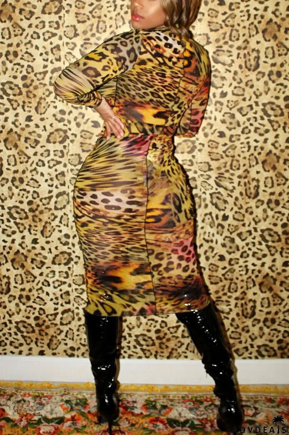 Yellow Sexy Casual Elegant Polyester Spandex Milk Fiber Print Leopard Basic Turtleneck Long Sleeve Knee Length Pencil Skirt Dresses