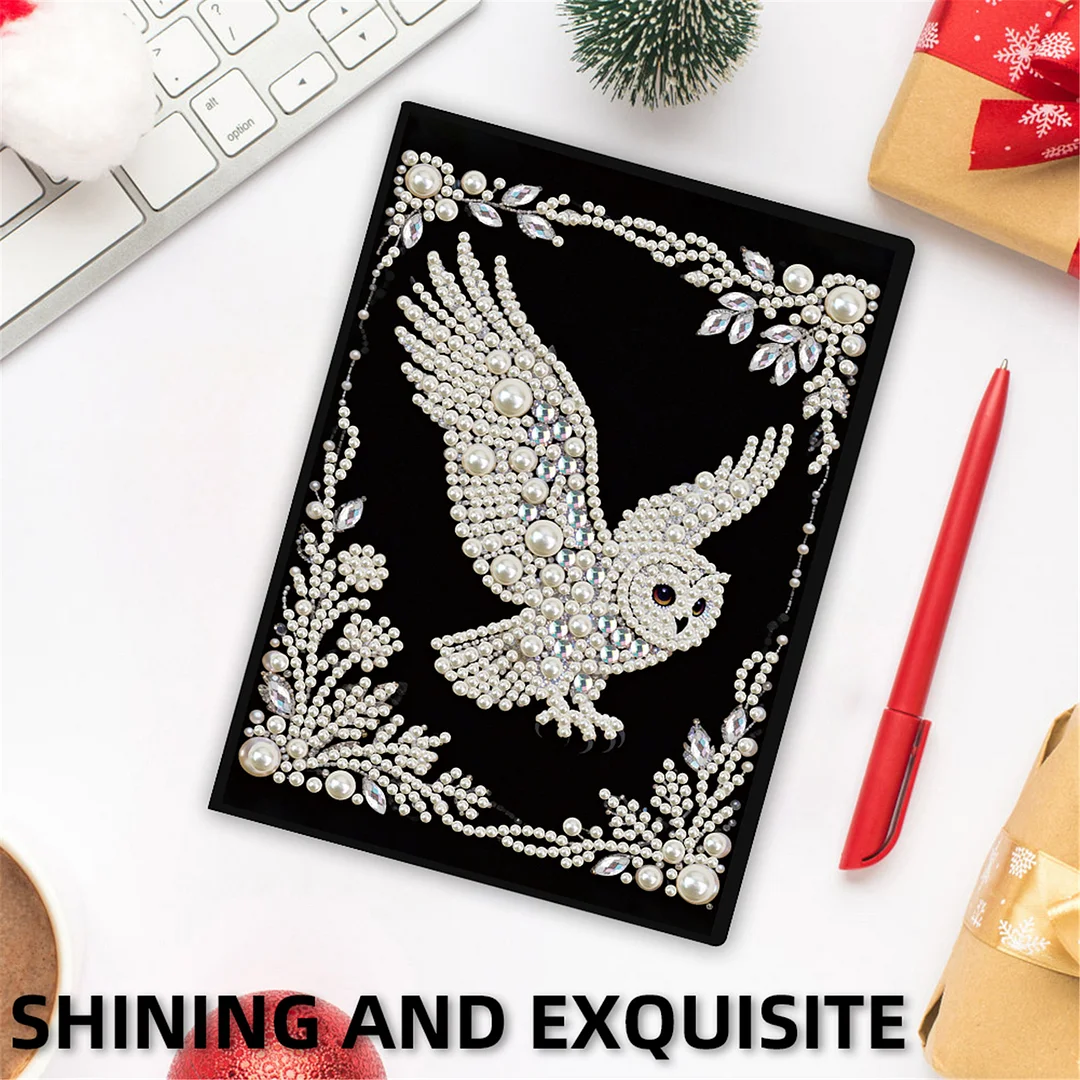 Owl Partial Pearl DIY 50 Pages A5 Diamond Painting Notebook Special Shaped Diamond Art Diary Book Kits Wireless Strip 5D Crystal Art Paintings Sketchbook for Art Drawing