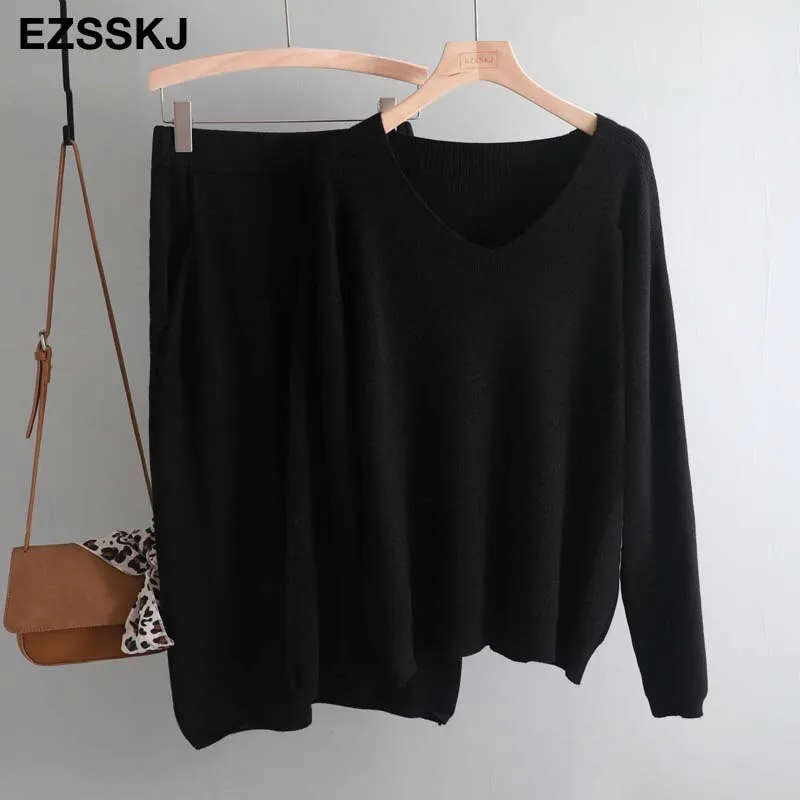 v-neck lazy oversize Sweater suit dress women casual loose sweater +straight skirt with pocket  feamle sweater set dress