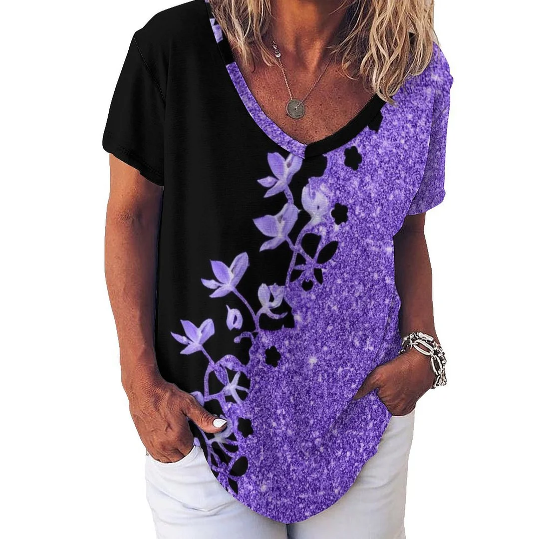 V-neck Short Sleeve Casual T-shirt for  Women Printed with Pattern Purple, Floral, Glitter