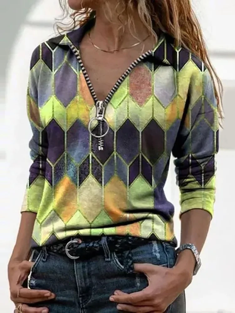 Geometric Diamond Print Zip V-Neck Long Sleeve Casual T-Shirt