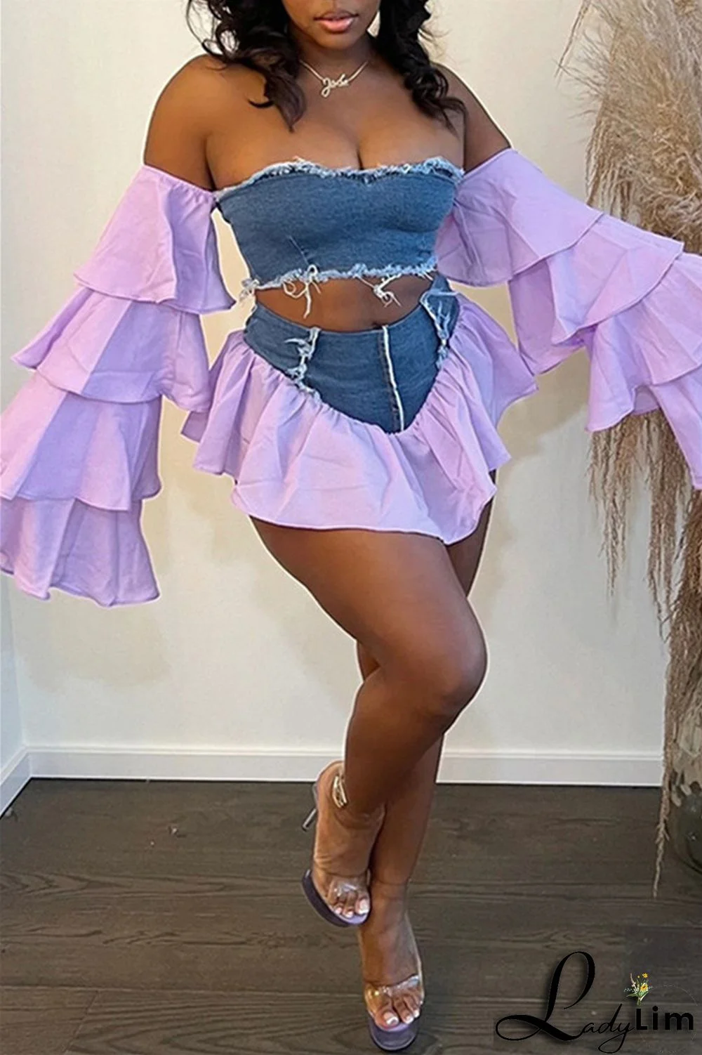 Yellow Fashion Sexy Patchwork Backless Off the Shoulder Long Sleeve Two Pieces