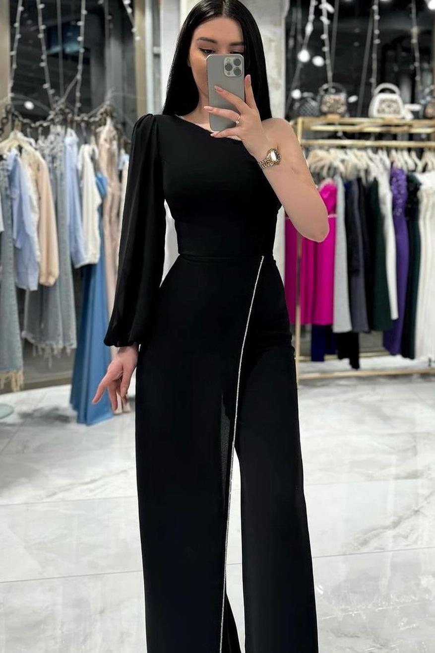 Black Satin One Shoulder Long Sleeve High Waist Long Wid-Leg Jumpsuit | MS0115 